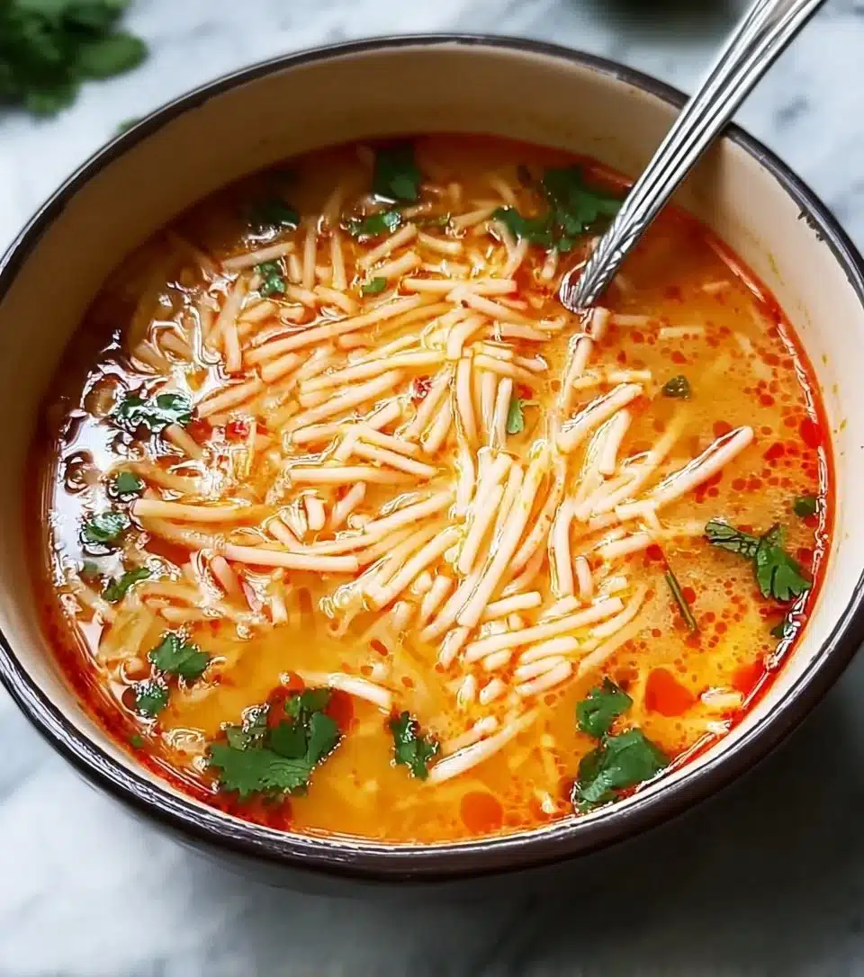 Delicious bowl of noodle soup with colorful vegetables and herbs