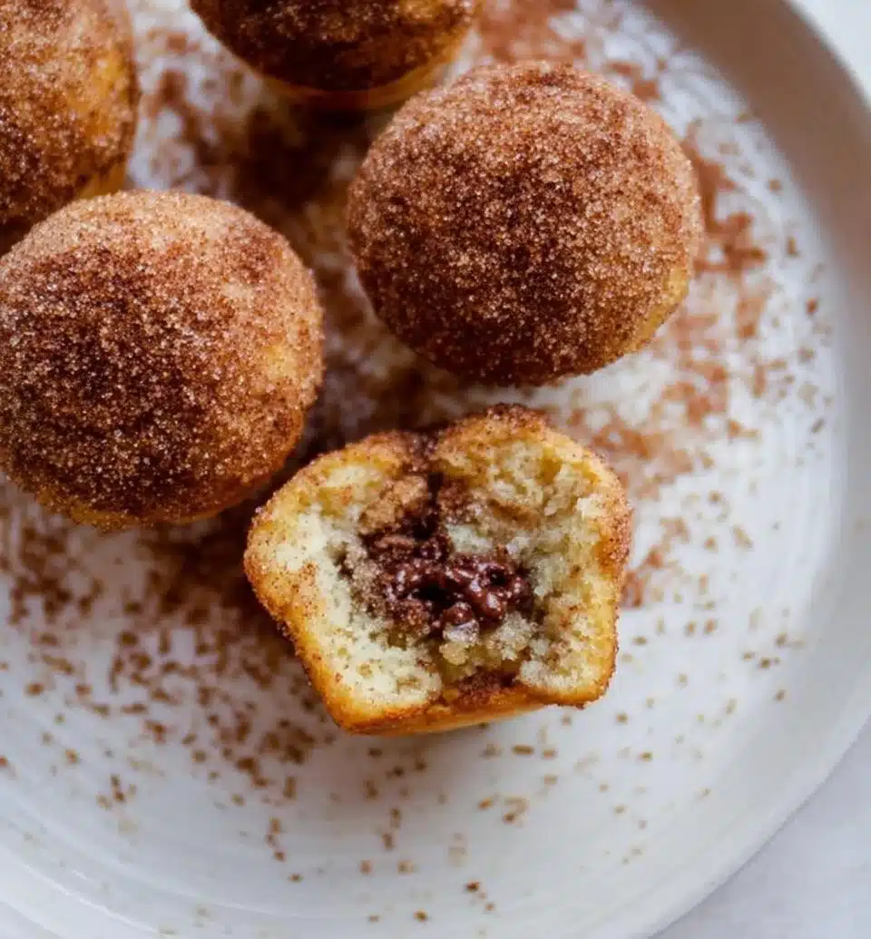 Nutella-stuffed cinnamon sugar muffins on a wooden table