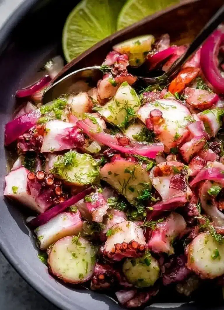 Plate of octopus ceviche garnished with lime and herbs