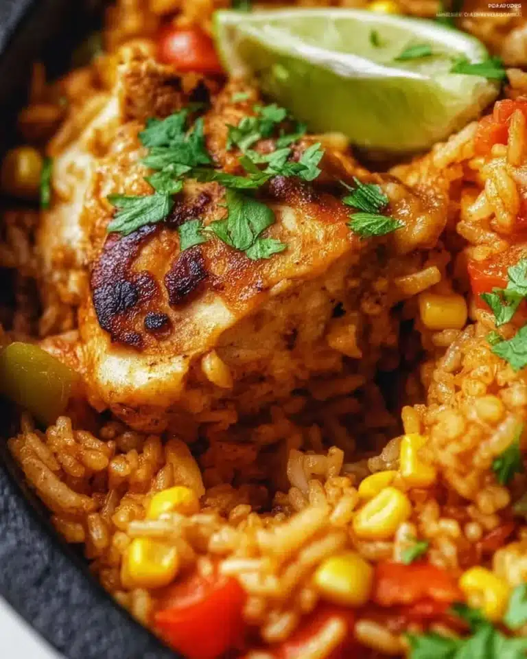 One Pot Mexican Chicken and Rice dish with vibrant colors and fresh ingredients