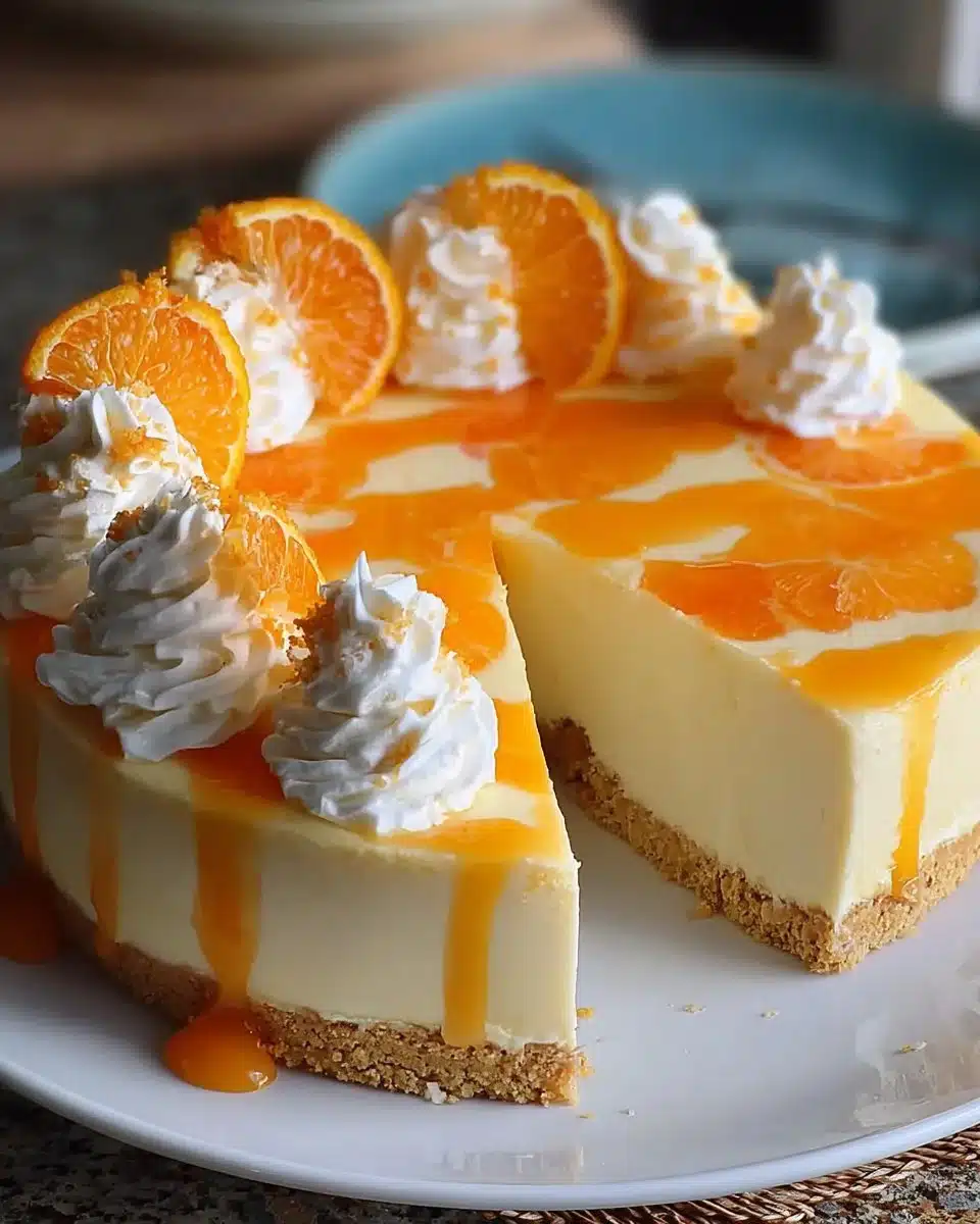Slice of Orange Creamsicle Cheesecake with orange zest and whipped cream