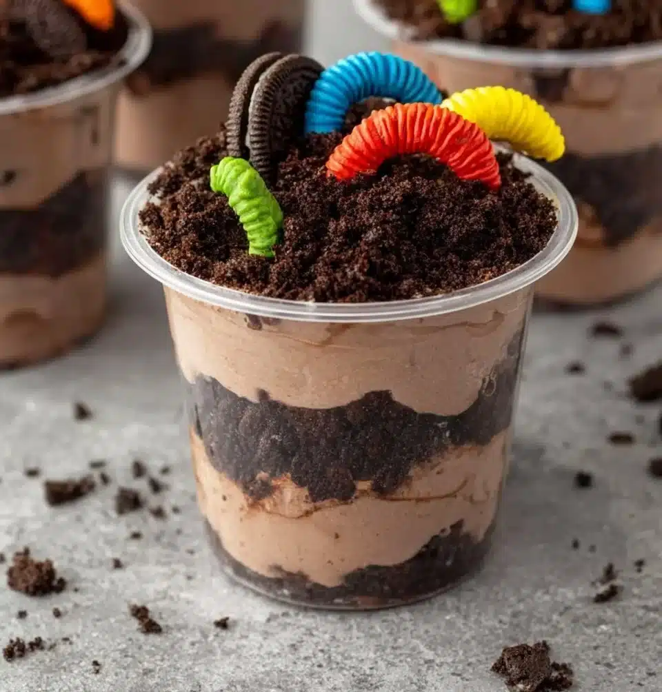 Oreo Cookie Dirt Cup Pudding served in a glass with crushed Oreos and gummy worms