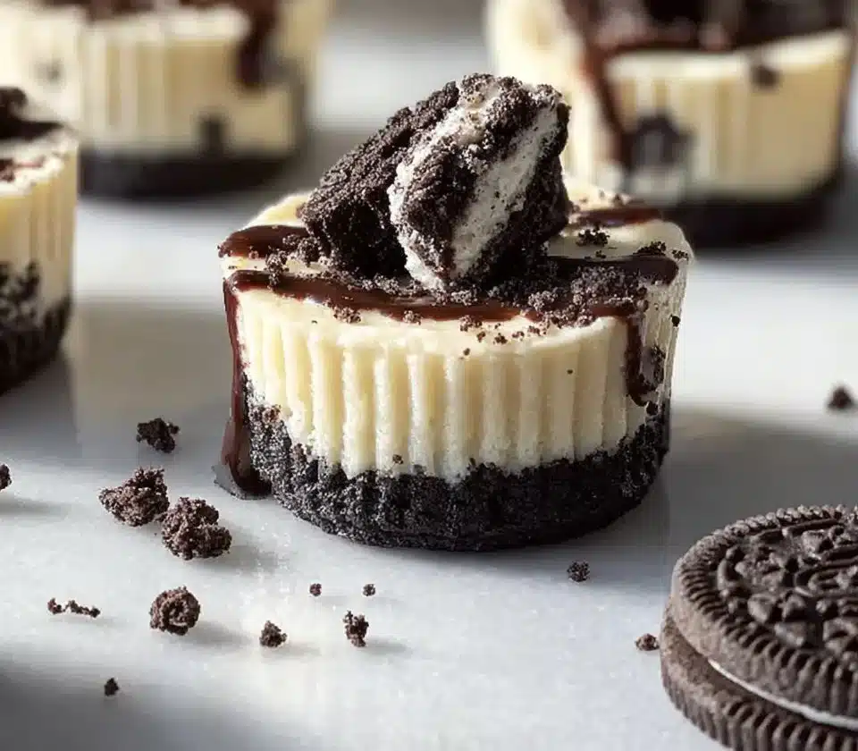 Delicious Oreo Mini Cheesecake bites served on a plate with chocolate drizzle