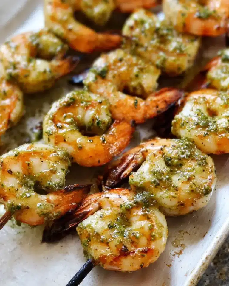 Oven baked shrimp skewers served on a platter, garnished with herbs.
