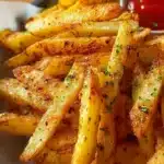 Perfectly crispy oven fries served on a plate with dipping sauce.