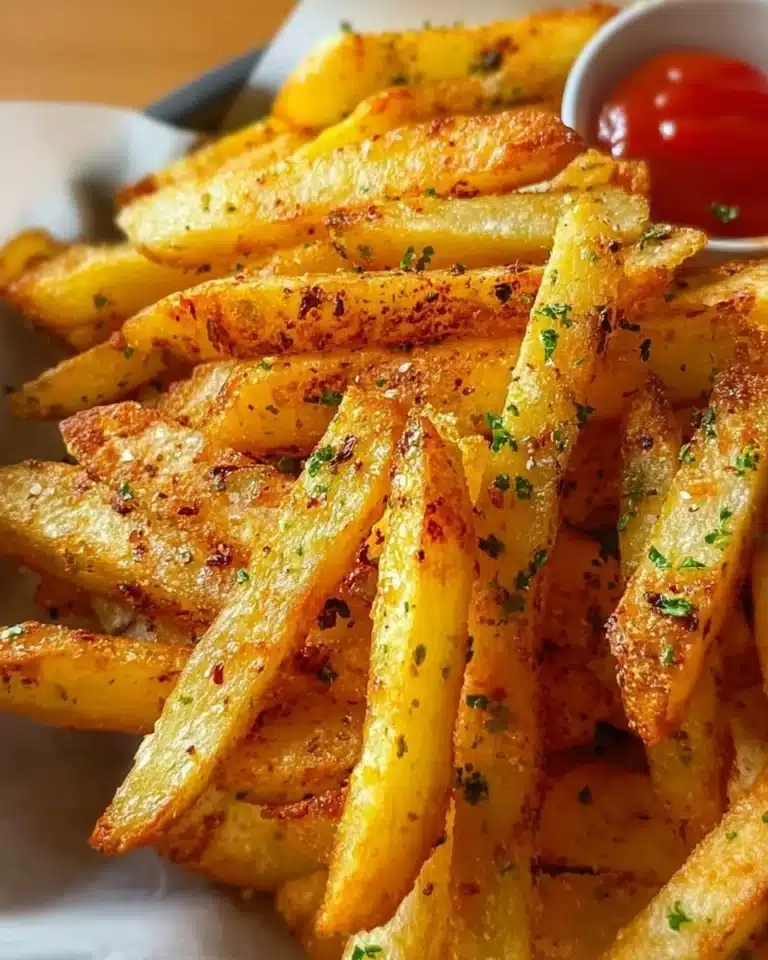Perfectly crispy oven fries served on a plate with dipping sauce.