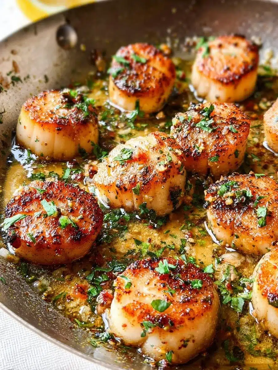 Pan seared scallops plated with herbs and lemon, ready to be served.