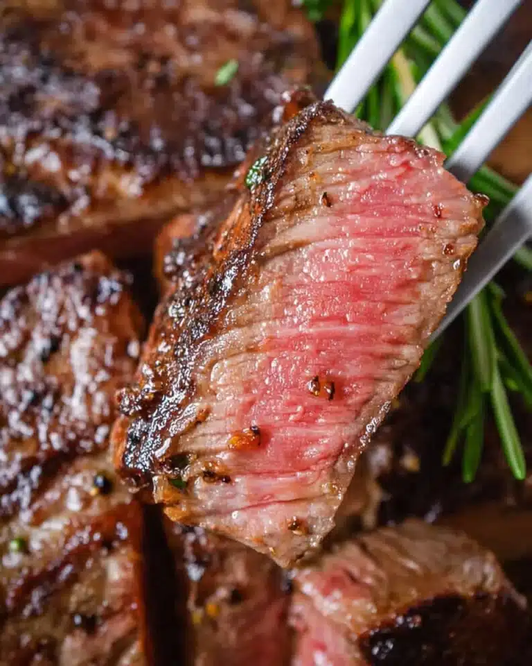 Perfectly cooked pan-seared steak on a plate, garnished with herbs.