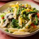Bowl of colorful Pasta Primavera with fresh vegetables and herbs