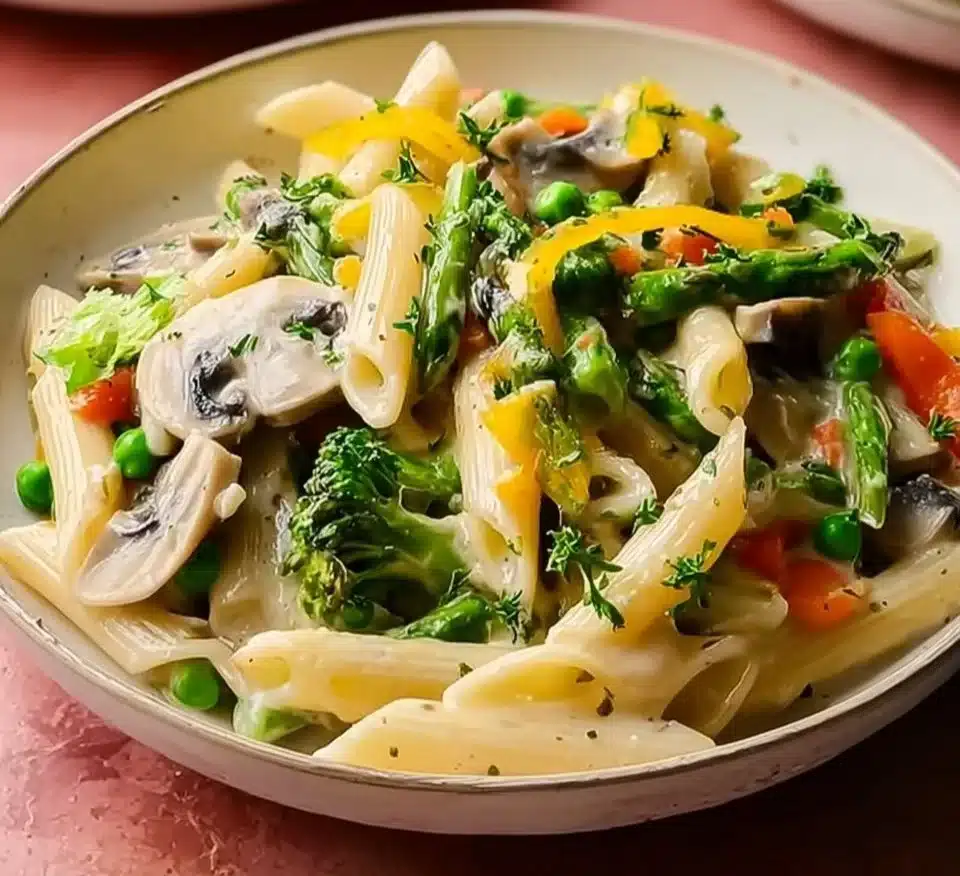 Bowl of colorful Pasta Primavera with fresh vegetables and herbs