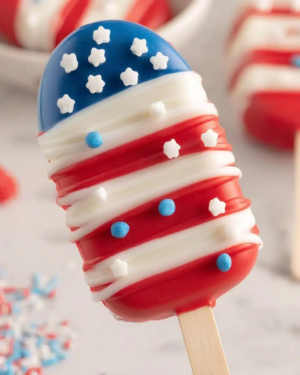 Delicious patriotic cakesicles decorated in red, white, and blue for festive celebrations.