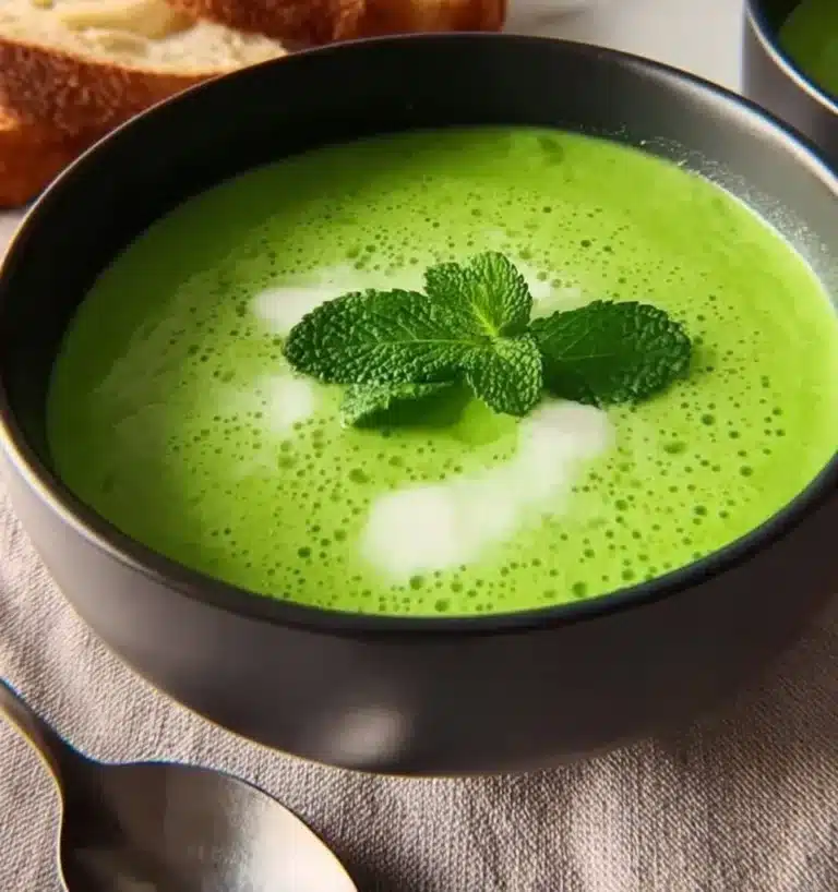 A bowl of vibrant green pea and mint soup garnished with fresh mint leaves.