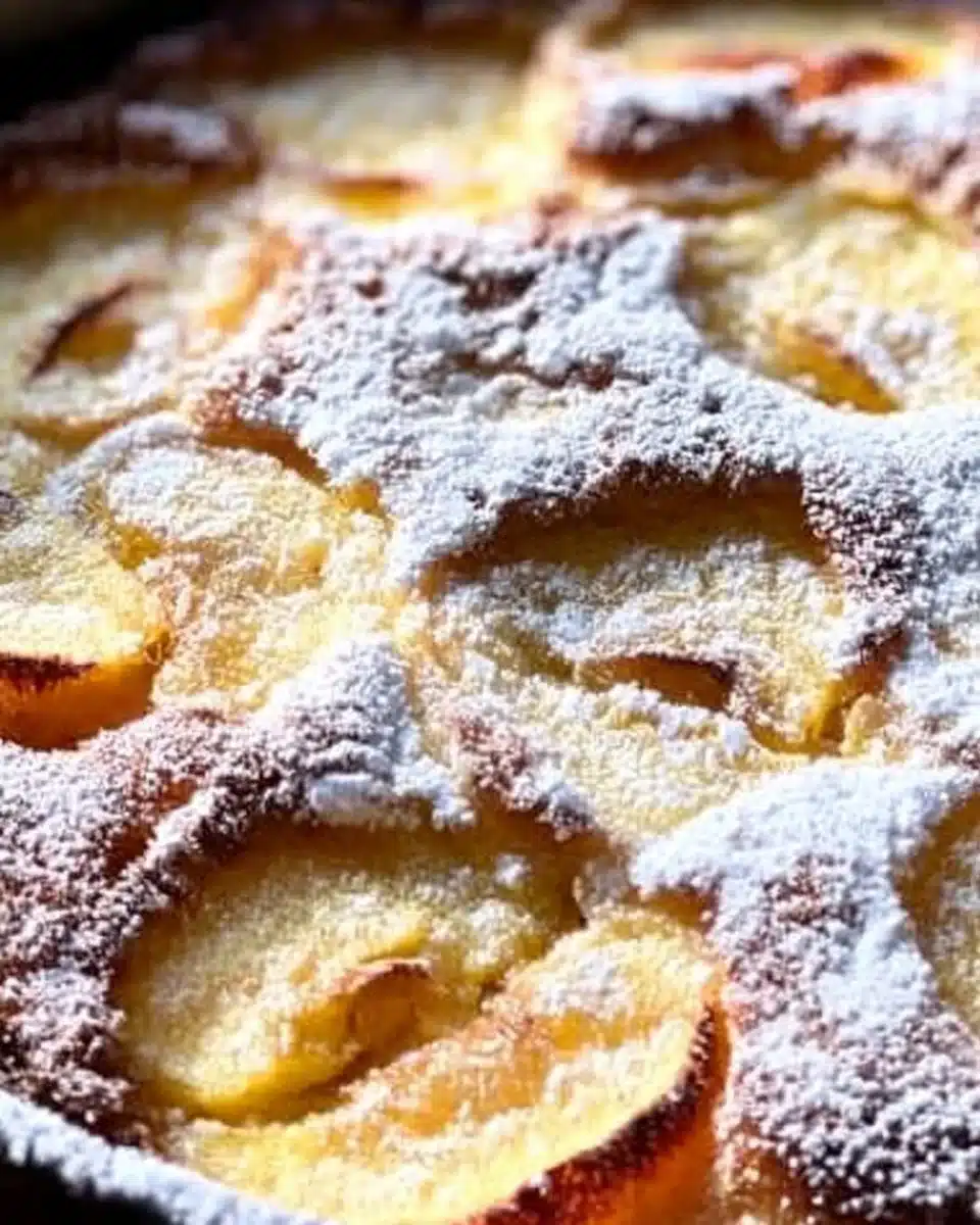 Delicious homemade Peach Clafoutis with fresh peaches and custard topping