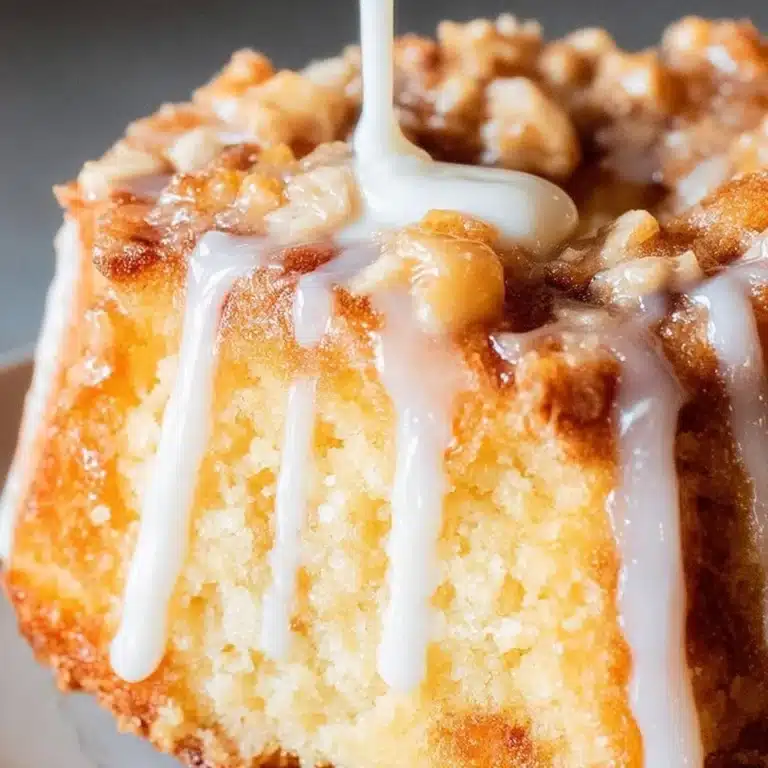 Delicious peach cobbler pound cake topped with fresh peaches and a crumbly topping.