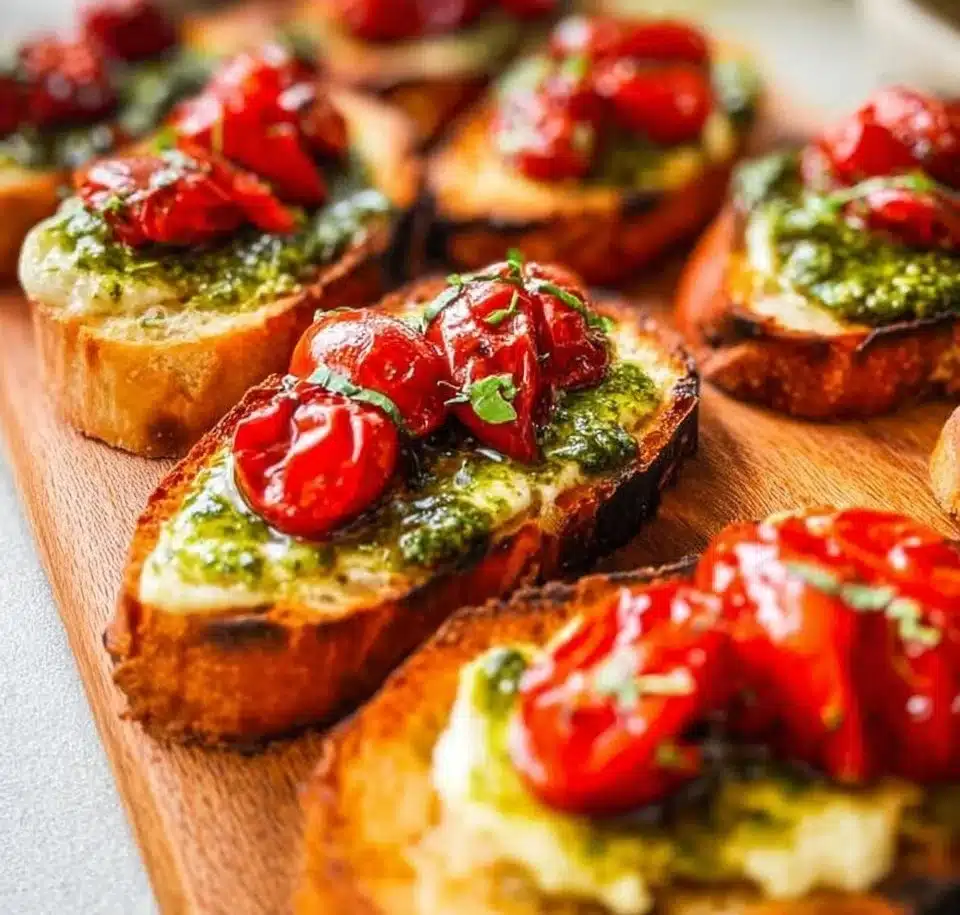 Delicious Pesto Crostini with basil pesto and fresh toppings on toasted bread