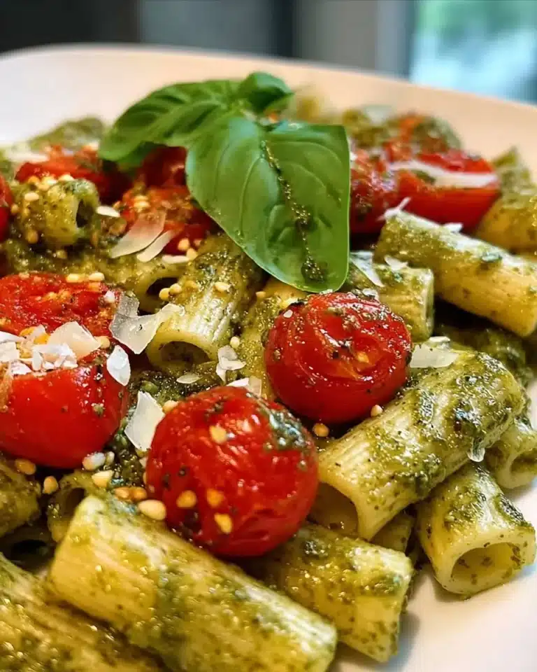 Pesto pasta topped with fresh cherry tomatoes for a vibrant dish
