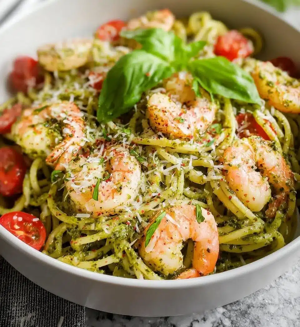 A vibrant plate of Pesto Shrimp Pasta topped with fresh herbs and shrimp