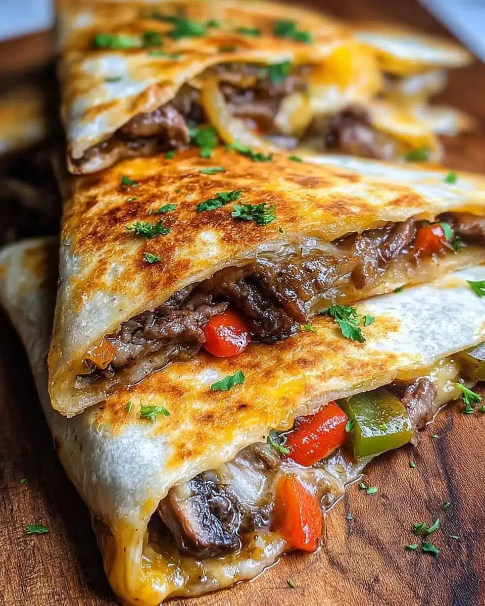 Philly cheesesteak quesadilla with melted cheese and grilled steak