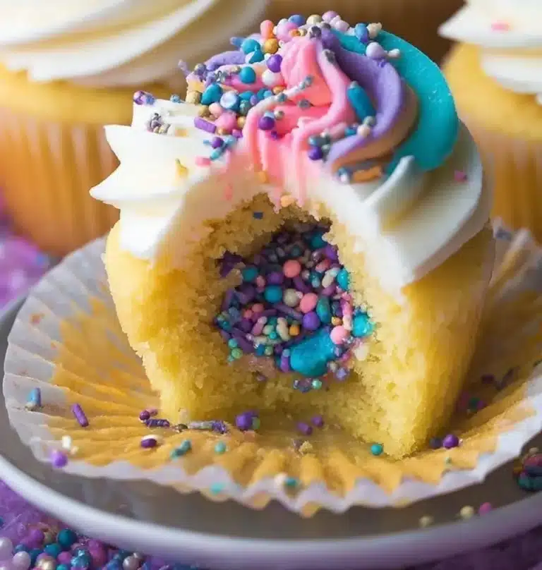 Colorful pinata cupcakes with a surprise filling inside