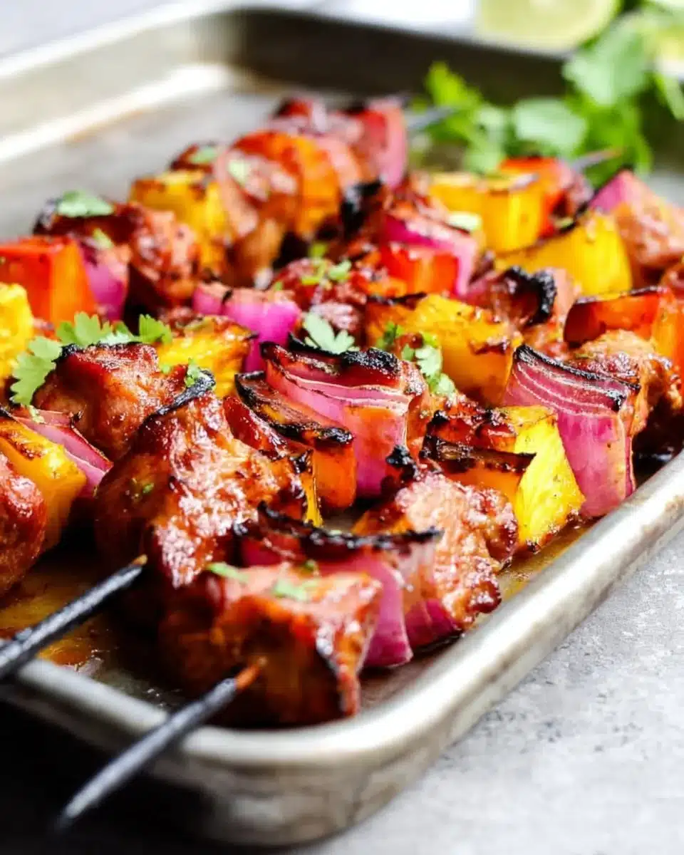 Delicious pineapple BBQ pork skewers on a grill