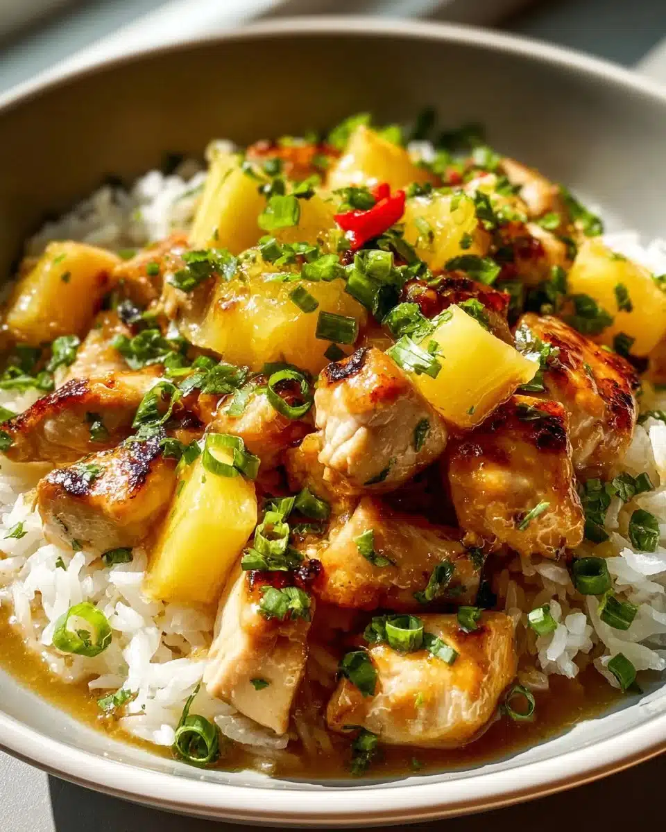 Delicious Pineapple Chicken Rice Bowl garnished with fresh vegetables and pineapple