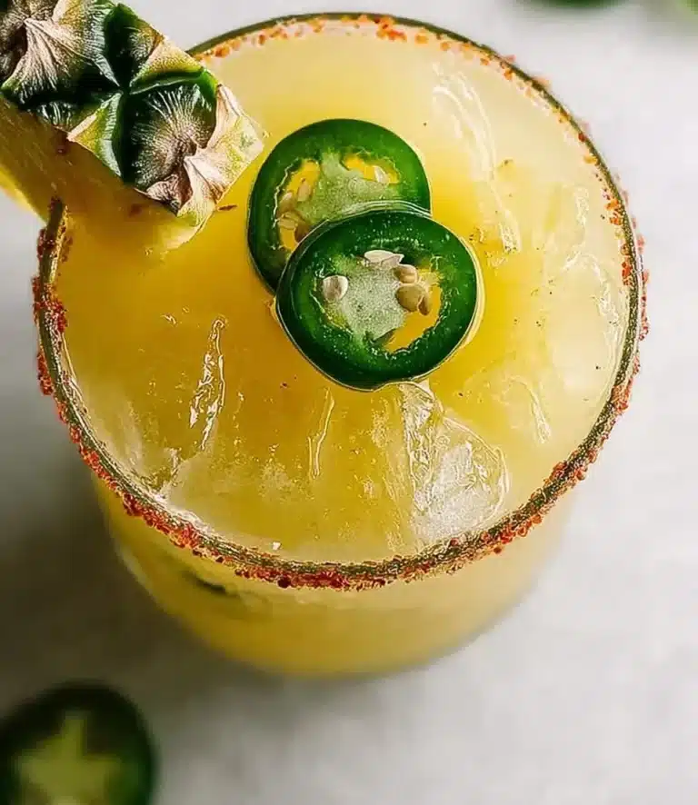 Pineapple Jalapeño Margarita garnished with jalapeño slices and pineapple.