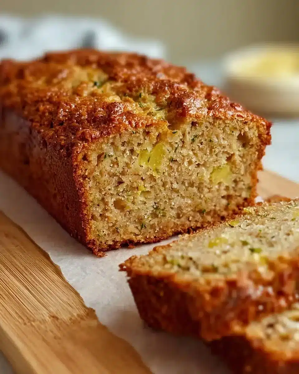Slice of moist Pineapple Zucchini Bread with tropical flavors