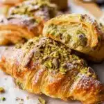 Freshly baked pistachio croissants on a wooden table