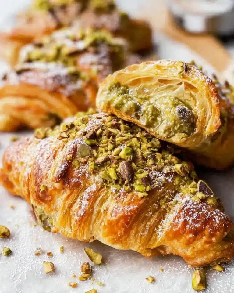 Freshly baked pistachio croissants on a wooden table