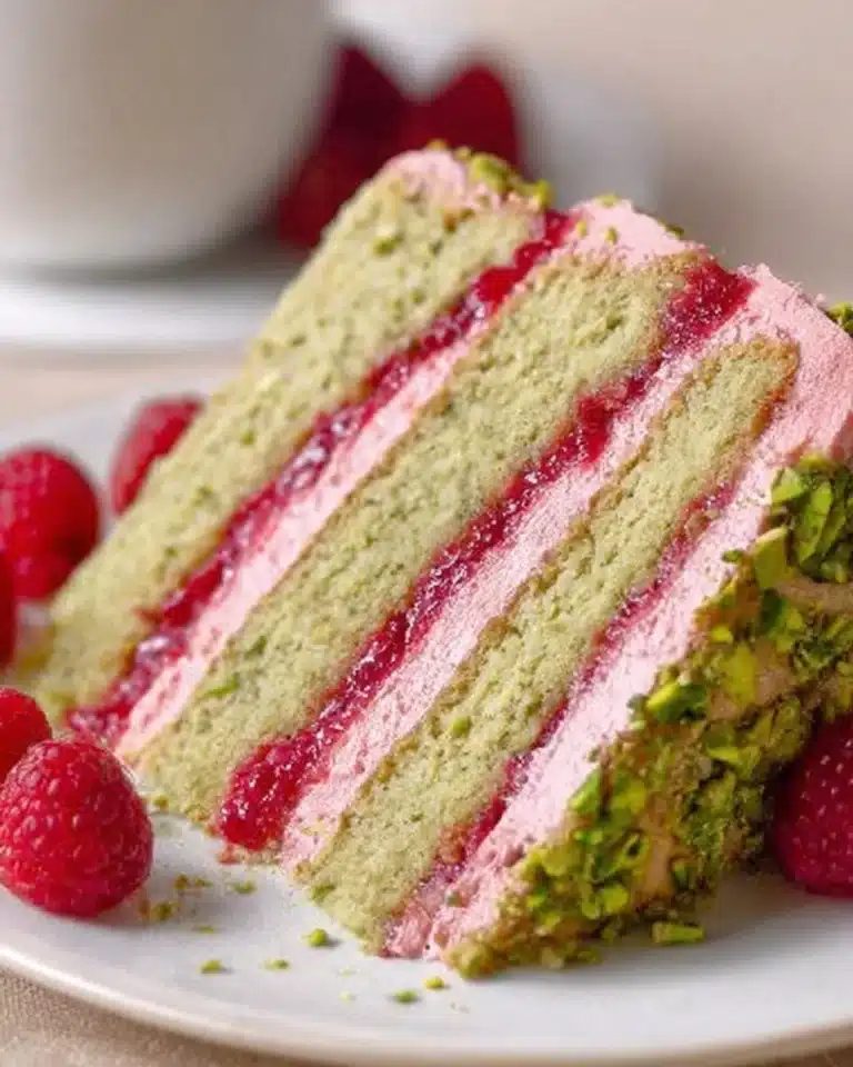 A slice of Pistachio Layer Cake with raspberry jam and decorated with nuts