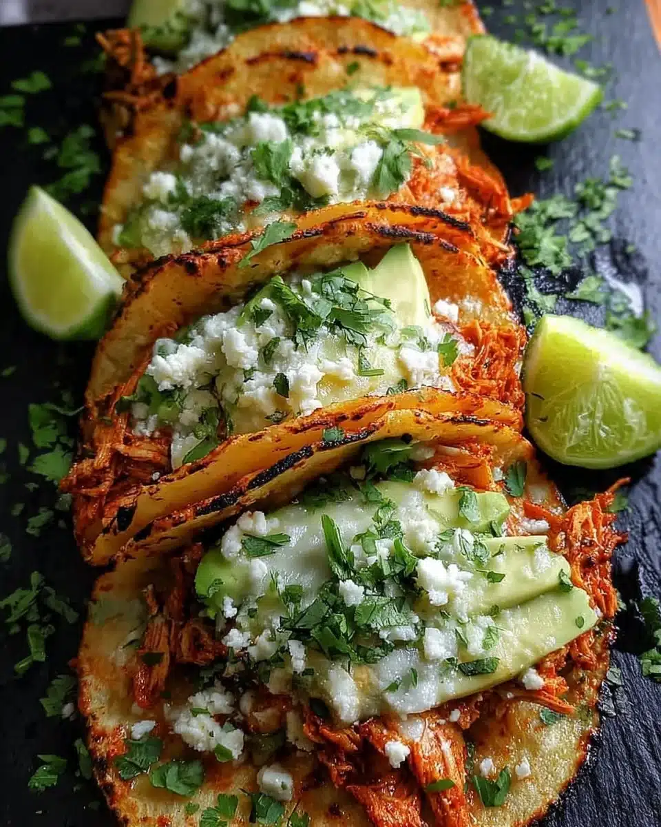 Poblano Chicken Tacos topped with fresh ingredients and salsa