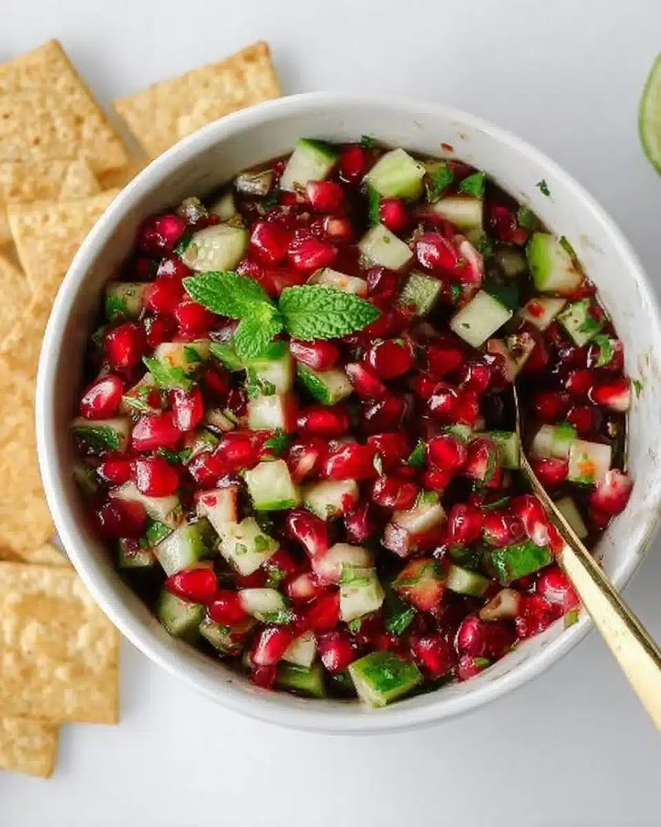 Fresh Pomegranate Salsa served in a bowl with tortilla chips.