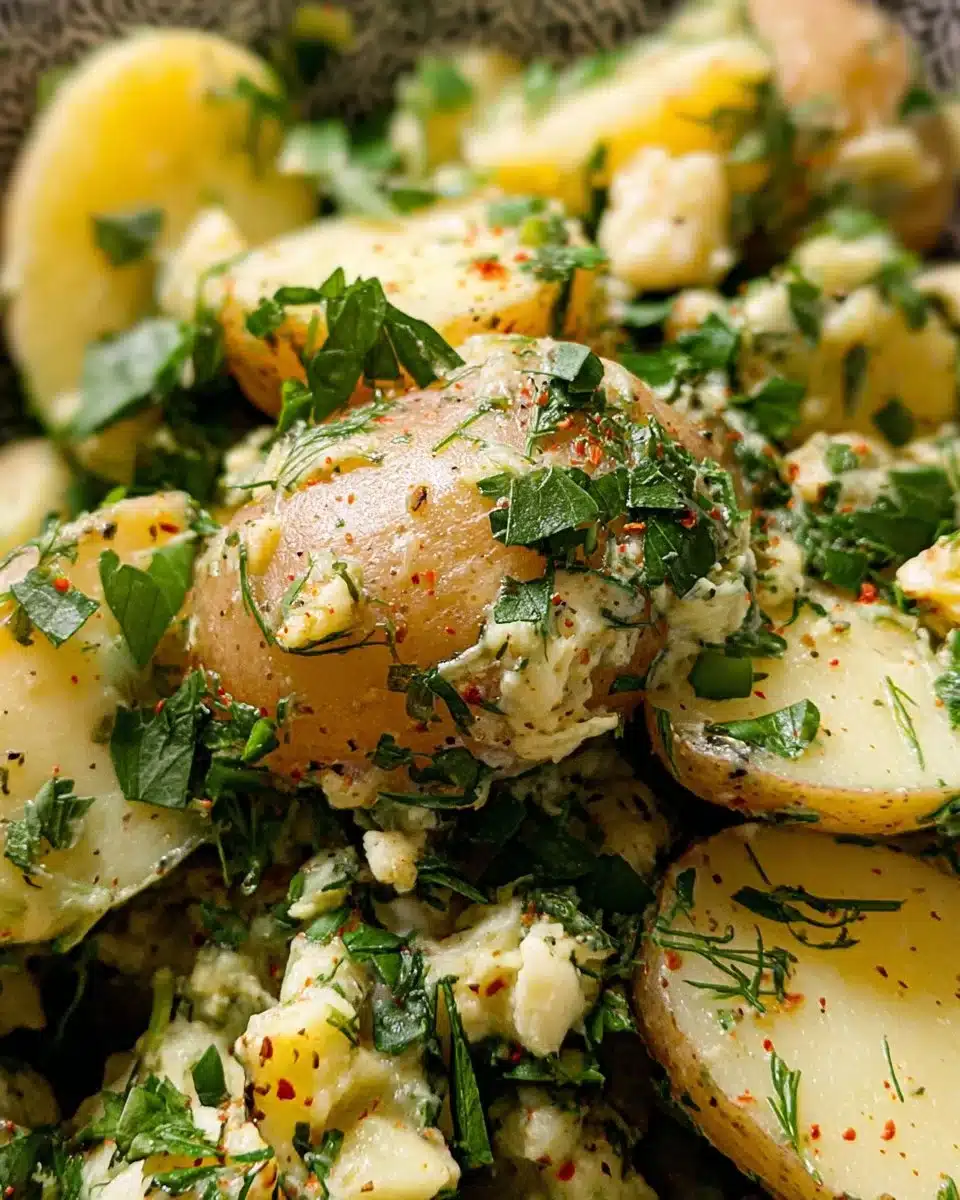 Delicious potato salad served in a bowl, garnished with herbs and spices.