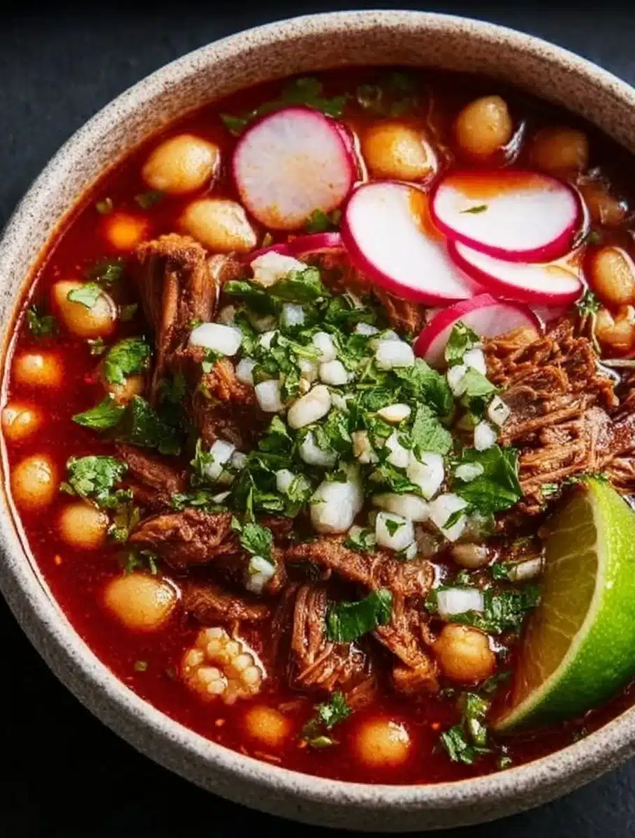 A bowl of Pozole Rojo garnished with radishes, cabbage, and avocado