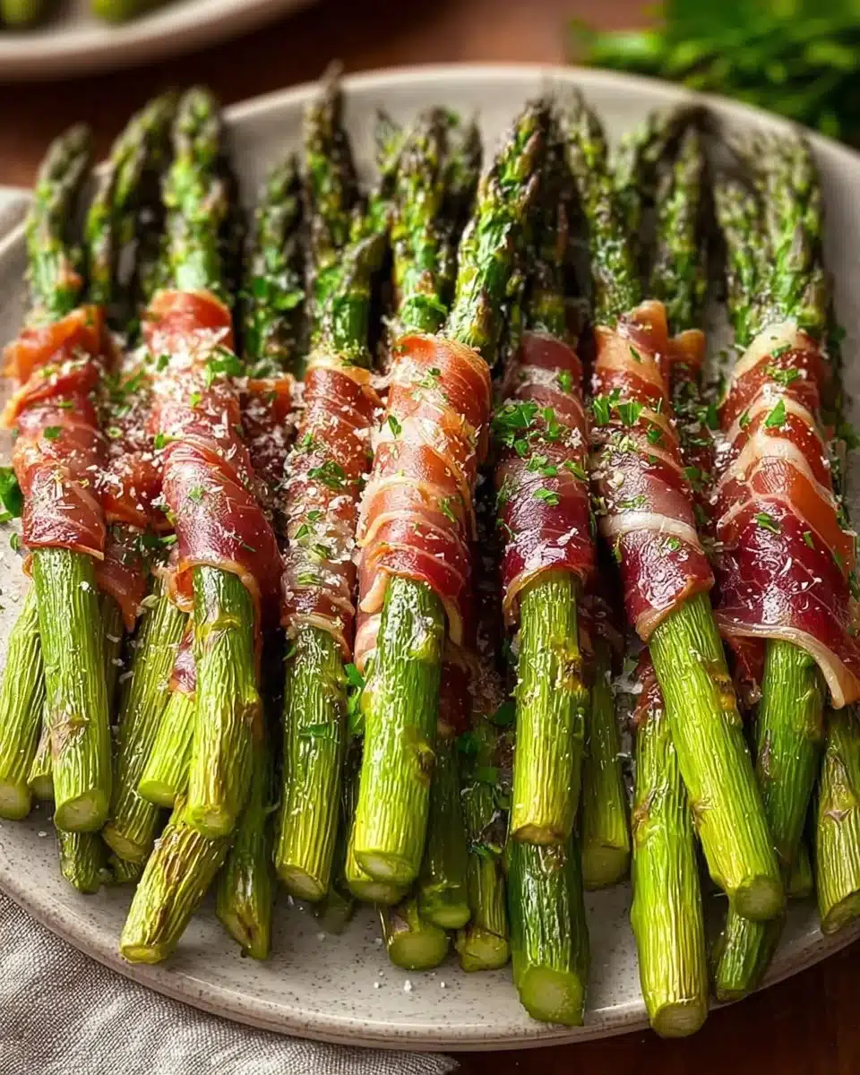 Close-up of prosciutto wrapped asparagus on a serving platter