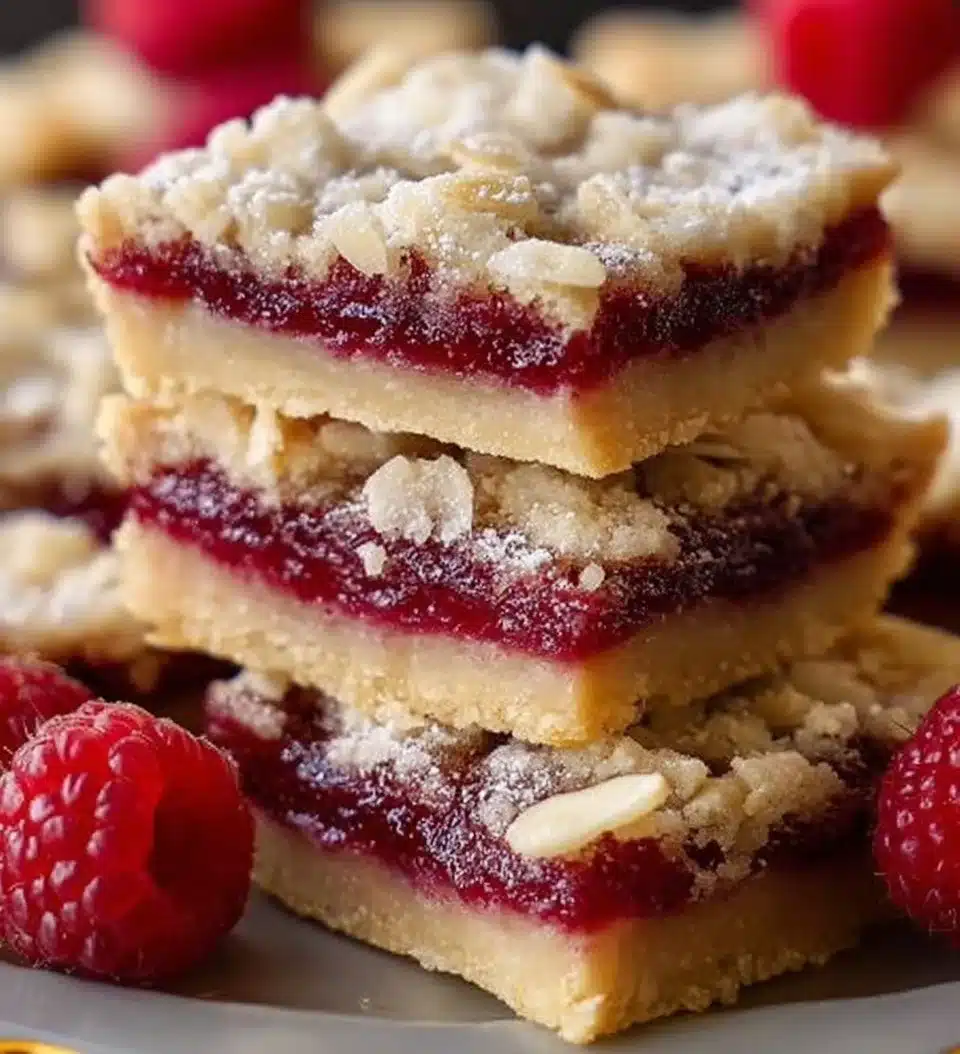 Raspberry Almond Shortbread Bars with fresh raspberries and almonds