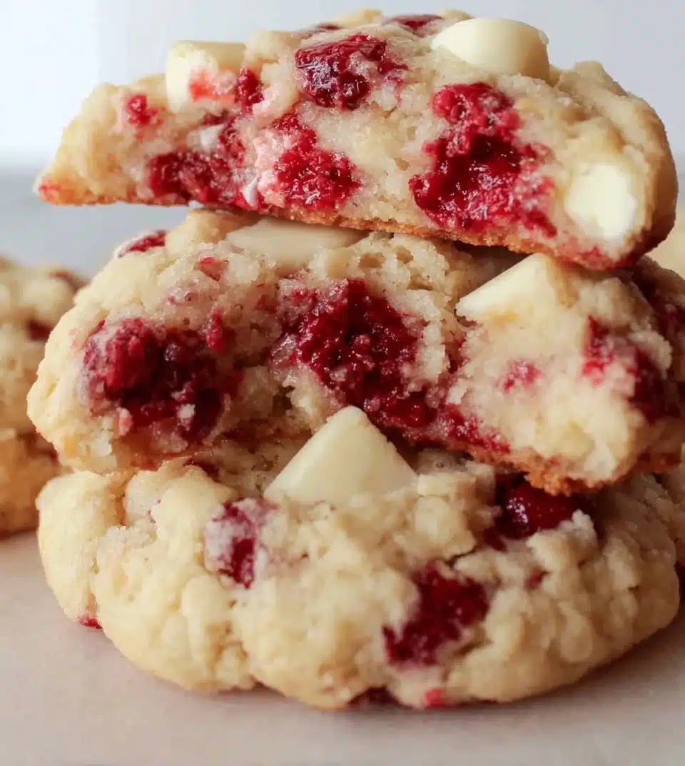 Delicious Raspberry Cheesecake Cookies topped with fresh raspberries and cream cheese.