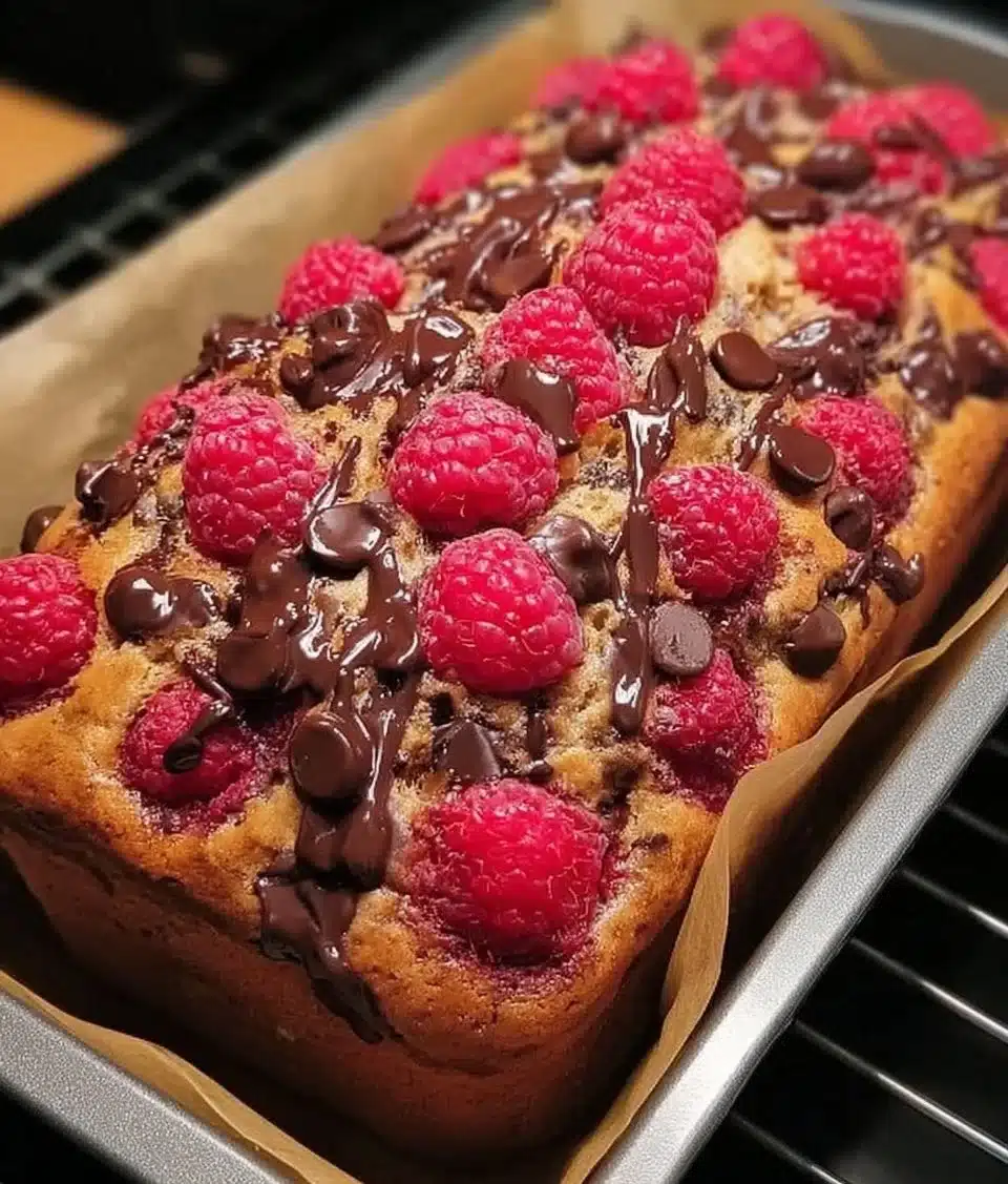 A slice of raspberry chocolate chip loaf decorated with raspberries and chocolate chips.