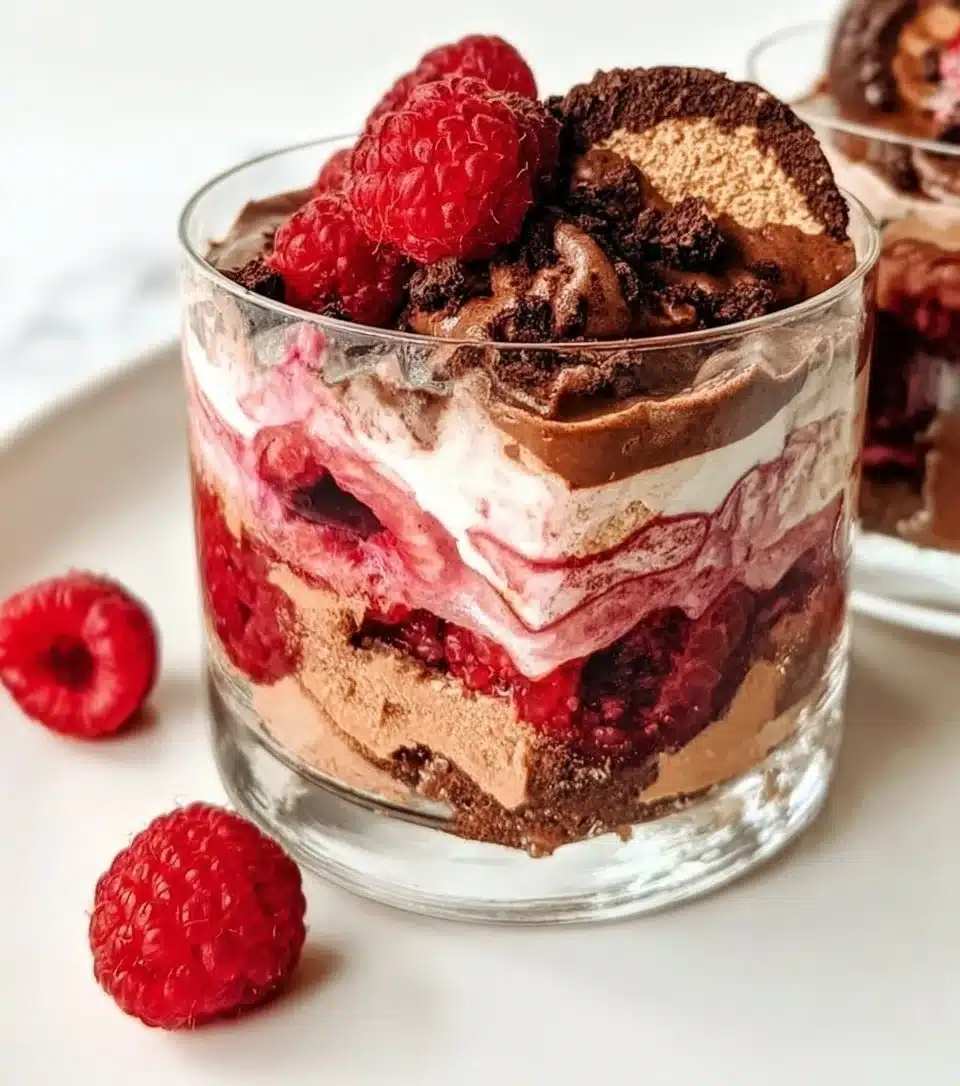 Delicious Raspberry Fudge Parfait dessert with layers of fudge and fresh raspberries.