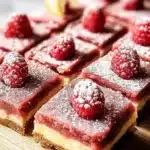 Delicious Raspberry Lemon Bars with a vibrant pink and yellow filling.