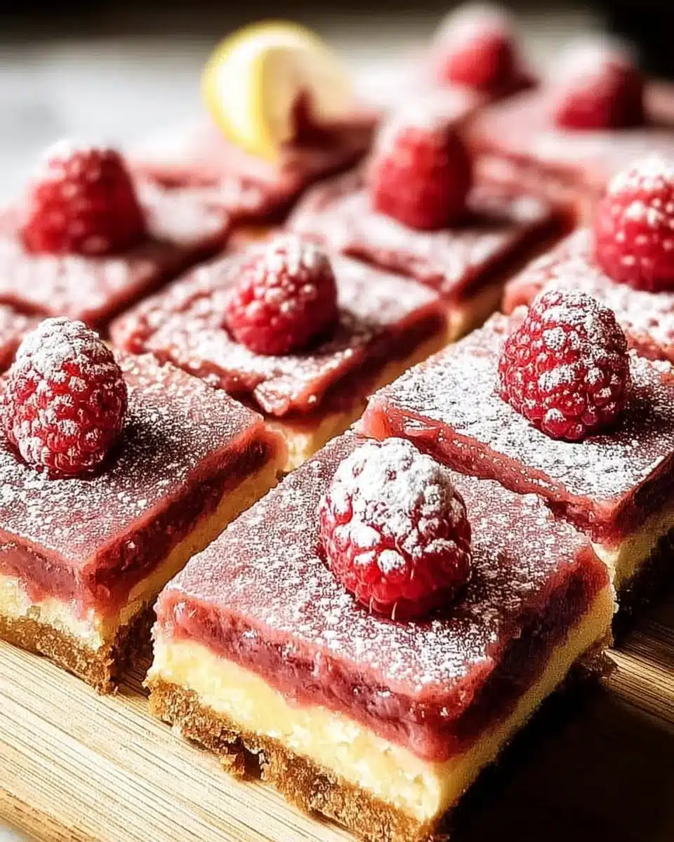 Delicious Raspberry Lemon Bars with a vibrant pink and yellow filling.