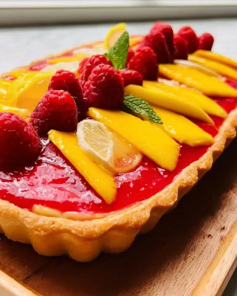 Delicious Raspberry Mango Tart with fresh raspberries and mango slices