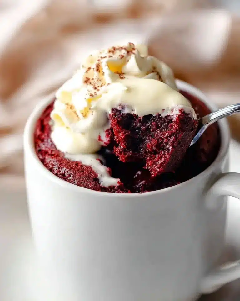Delicious red velvet mug cake topped with cream cheese frosting