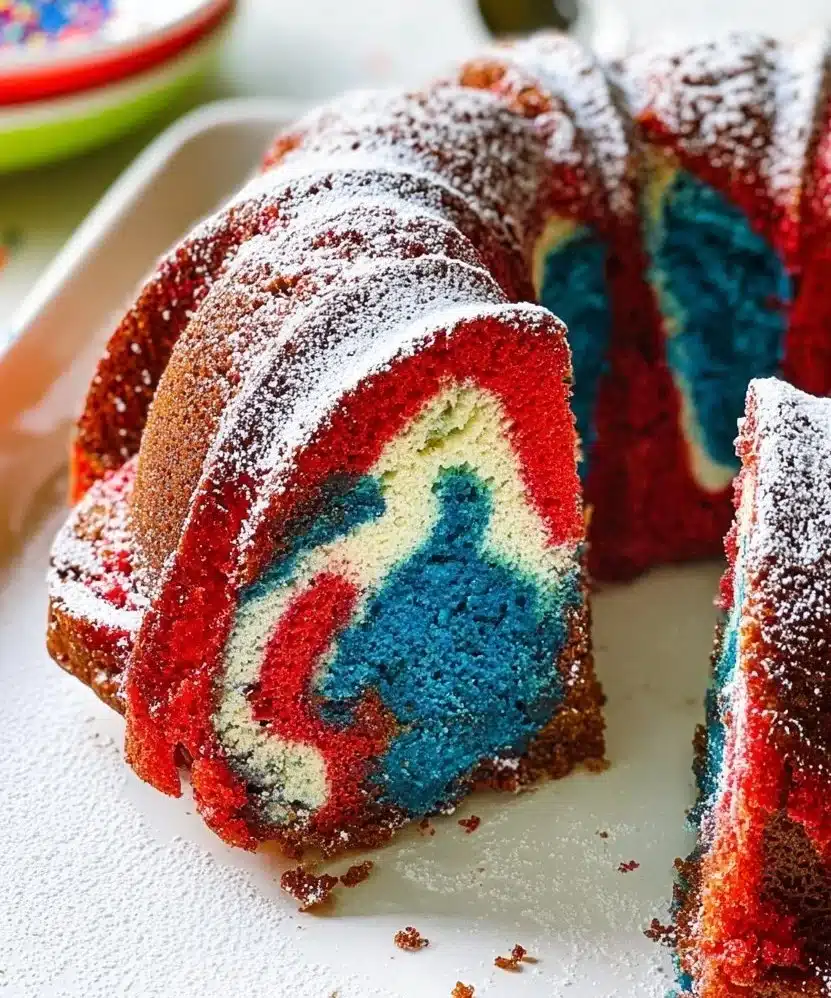 Red White & Blue Marble Cake with vibrant colors and layers