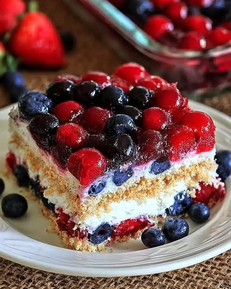 Red White & Blue Mixed Berry dessert featuring strawberries, blueberries, and raspberries.