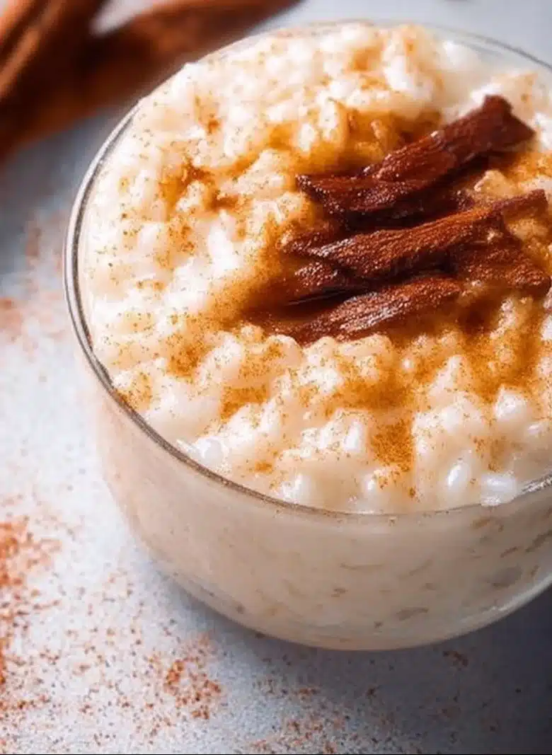 Delicious bowl of creamy rice pudding topped with cinnamon and raisins