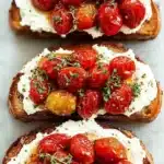Ricotta toast crostini topped with roasted tomatoes on a white plate