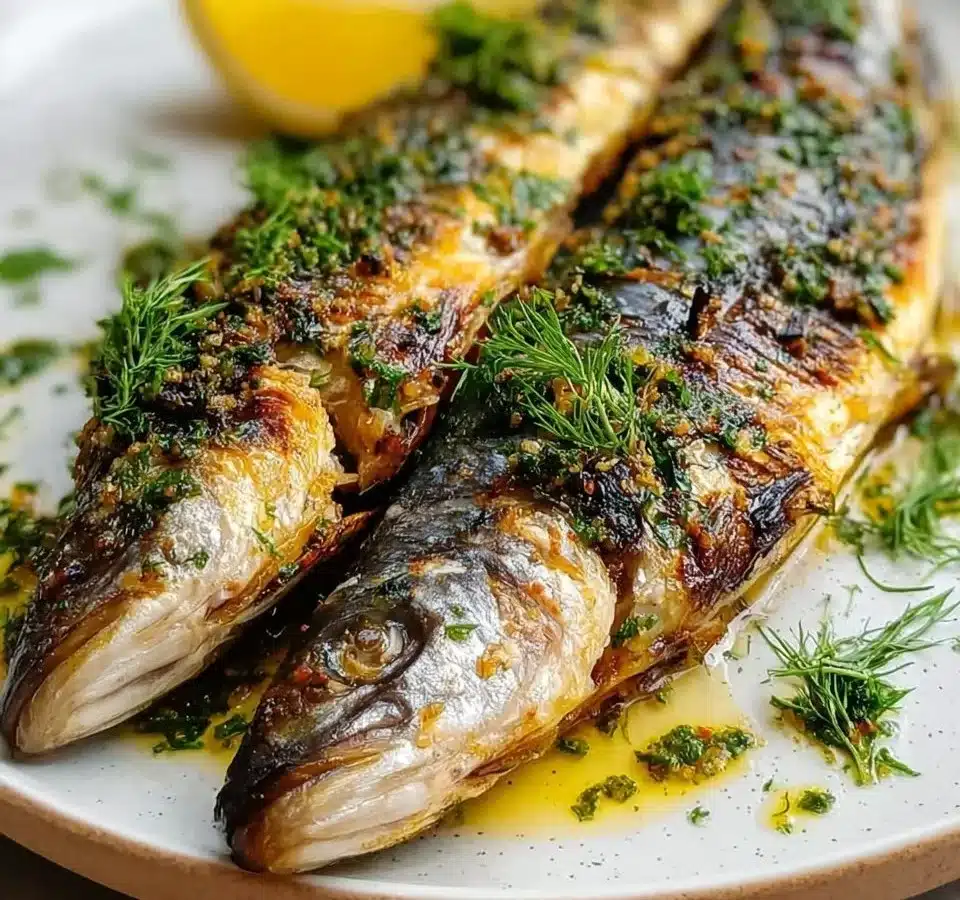 Delicious roasted branzino garnished with lemon and fresh herbs