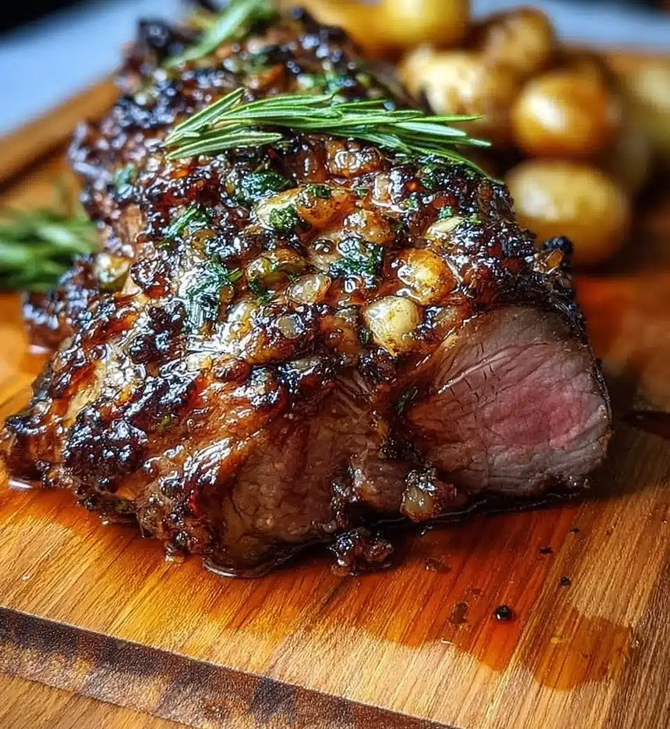 Roasted leg of lamb garnished with herbs and served on a platter