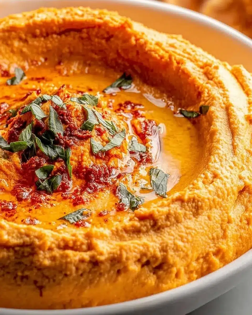 Bowl of creamy roasted red pepper hummus with pita and veggies